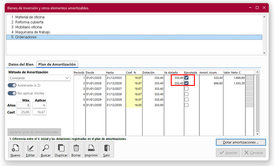 Ventana Bienes de inversión y otros elementos amortizables en ClassicConta 7.